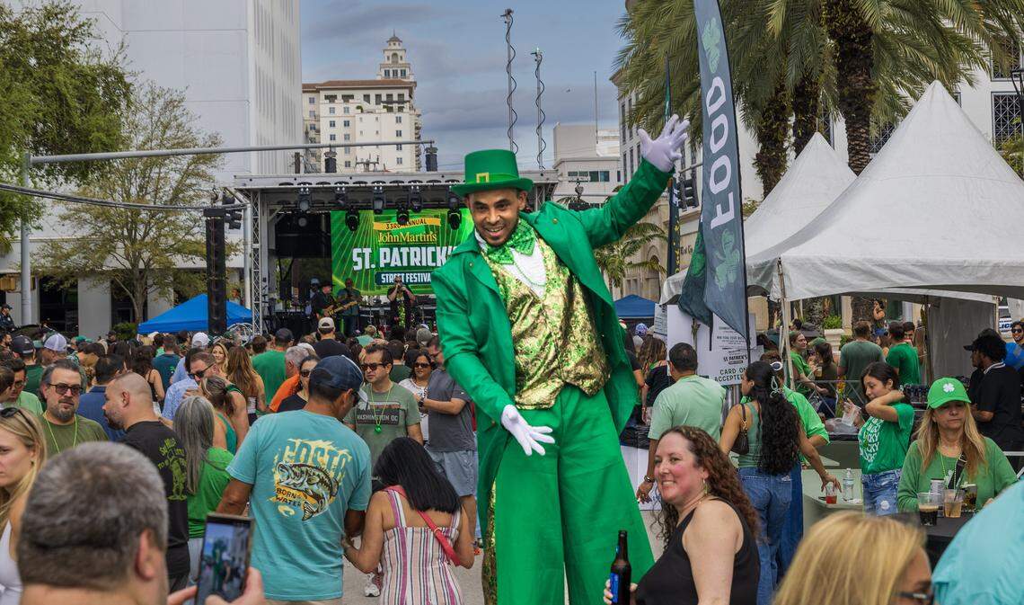 Performer Marcos Melo entertains during the 33rd annual John Martin's St. Patrick's Street Festival in Coral Gables, presented by John Martin's Irish Pub & Restaurant, on Saturday, March 14, 2026.