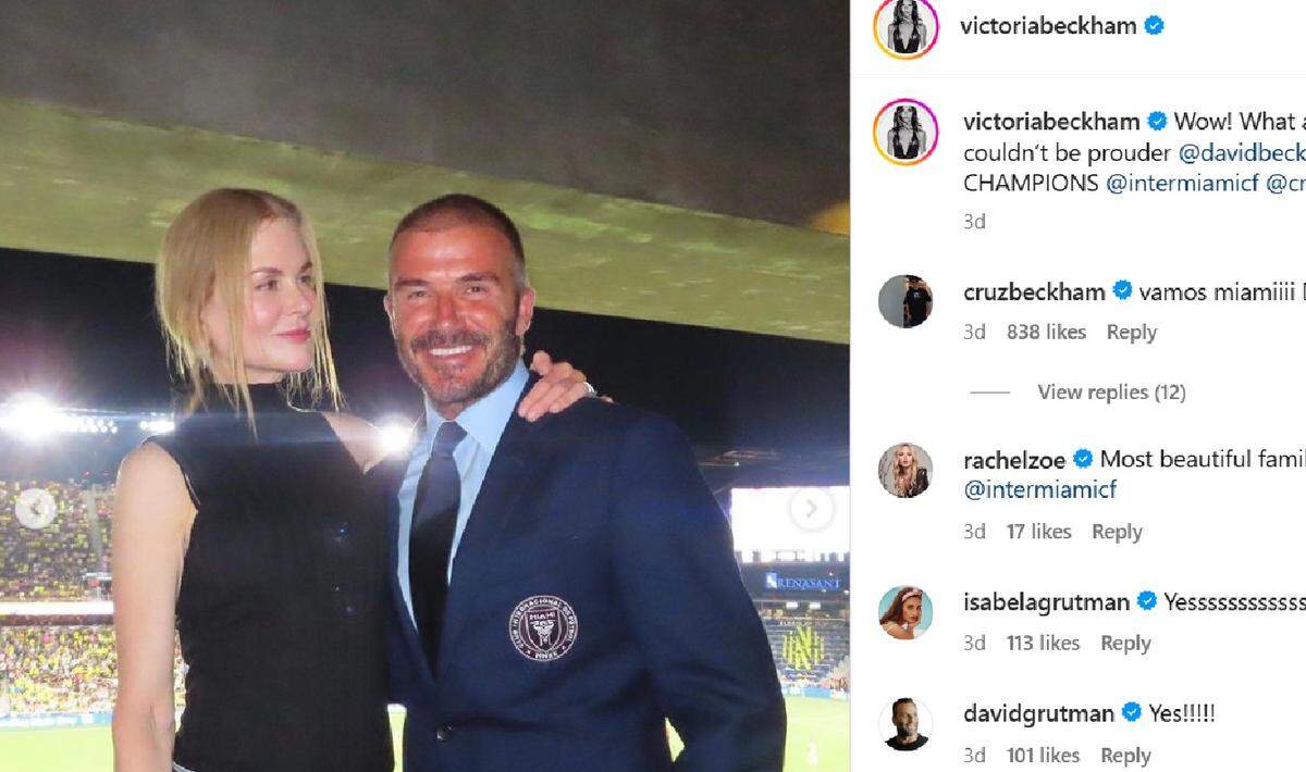 Nicole Kidman poses with David Beckham at the Inter Miami vs. Nashville SC game in the Leagues Cup in Nashville/Victoria Beckham, Instagram