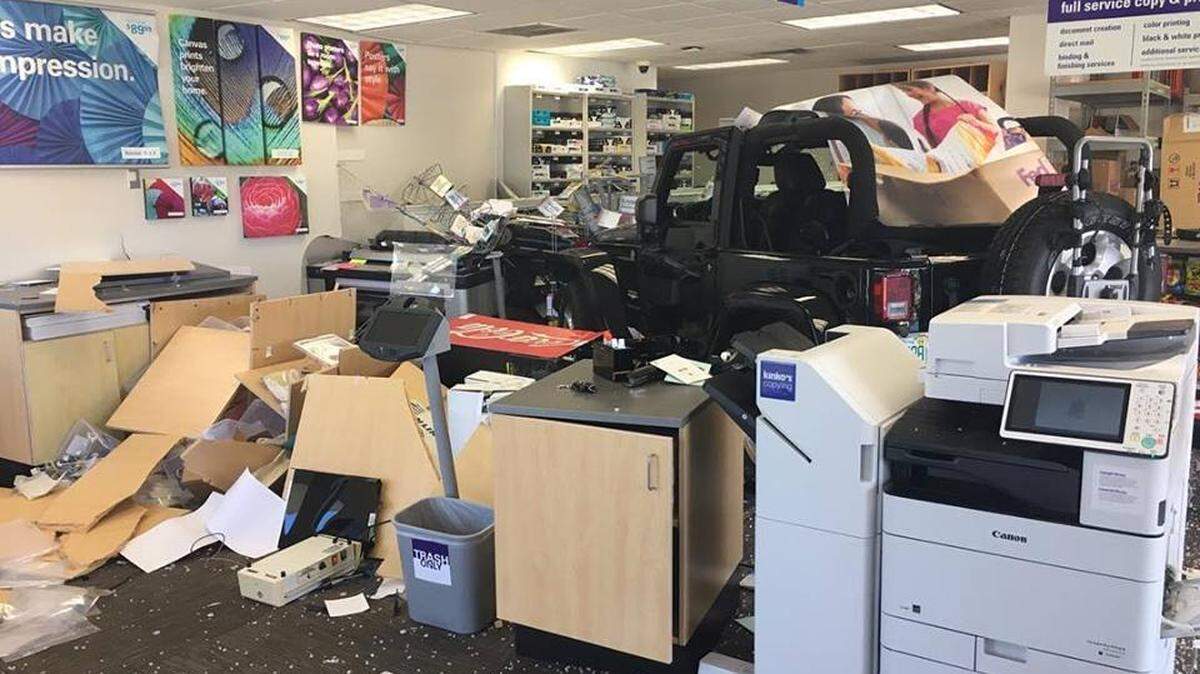 Two people and a dog were injured when a Jeep crashed into a FedEx store in Delray Beach and managed to carve a path all the way inside the building, Delray Beach Fire Rescue reported on April 26, 2018.