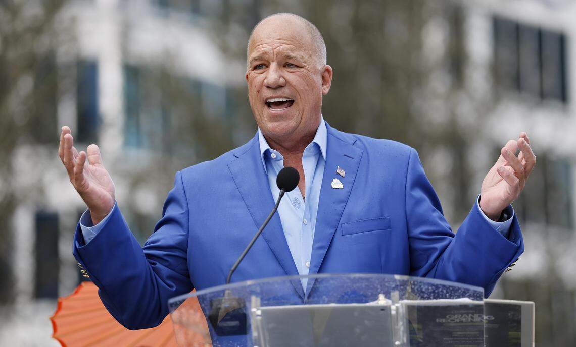 Wayne Huezenga Jr. speaks during a ribbon cutting ceremony as Huizenga Park reopens after a major renovation in Fort Lauderdale, Florida, on Saturday, January 24, 2026. 