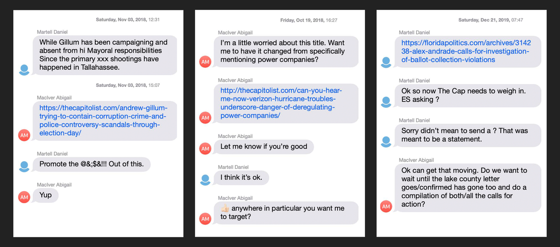 Leaked documents included screenshots of messages between Daniel Martell, vice president of legislative affairs for FPL, and then-Matrix consultant Abigail MacIver, showing how executives of the power company advised operations at the Capitolist through intermediaries like MacIver.