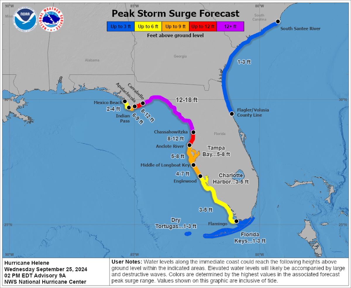 The hurricane center upped its surge forecast to 12 to 18 feet near where Helene is expected to make landfall sometime on Sept. 26 or early Sept. 27, 2024.