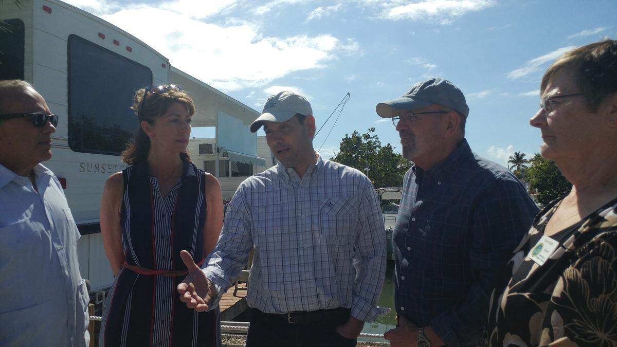 Republican Sen. Marco Rubio, center, meets in Marathon on Feb. 8, 2019, with County Commissioners Michelle Coldiron, left, and David Rice, right.
