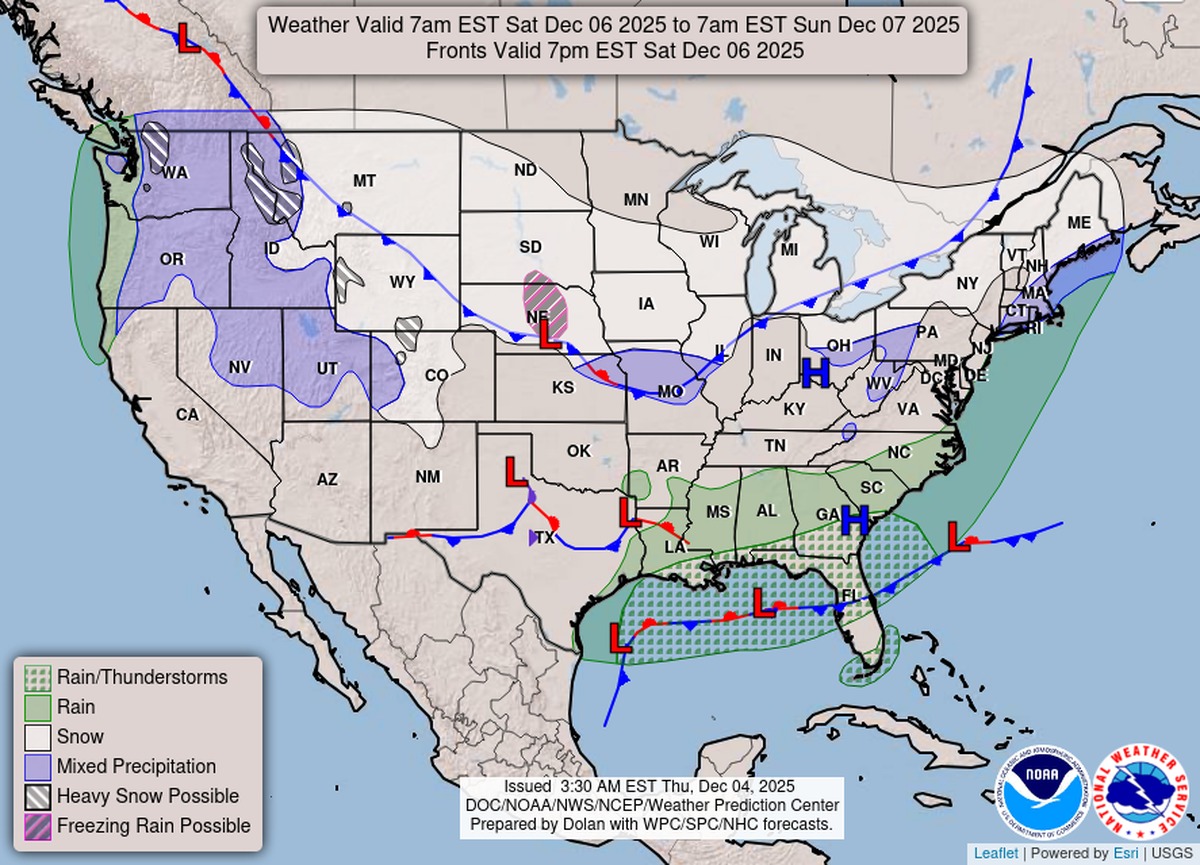 The National Weather Service in Miami’s map of the U.S. for Saturday, Dec. 6, 2025, shows rain in the Florida Panhandle and some in the Keys to Miami.