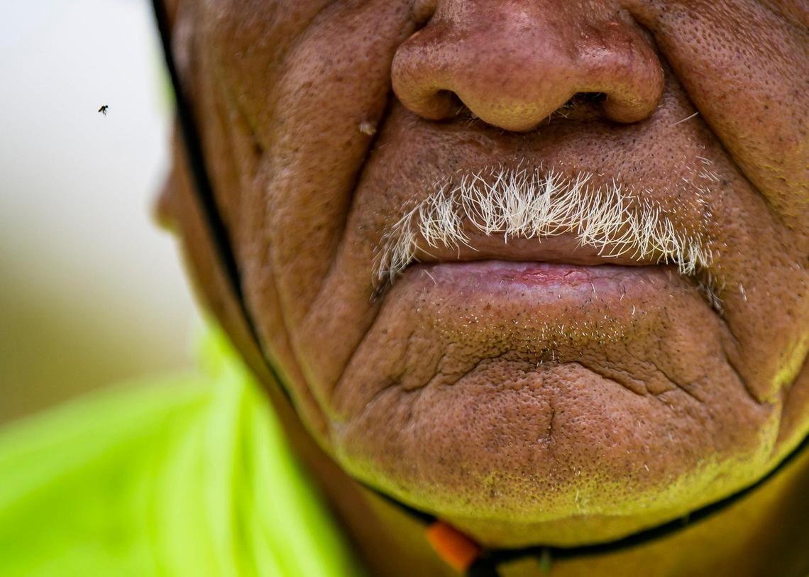 A view of Felipe Ocampo’s sunburned lips. Ocampos said he’s noticed more hot days a year now than when he started working. “They’re happening more often and they’re coming closer together,” he said. “Some days, I step outside and I feel a heat that makes me feel like my shirt is burning. And I go back inside, because this place is mine.”
