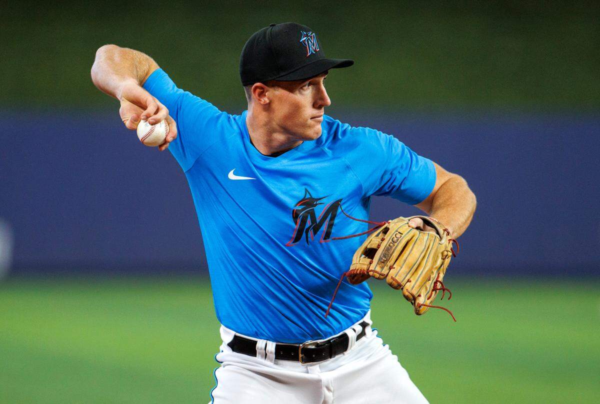 Miami Marlins 2022 first-round pick Jacob Berry during fielding practice before the start of a baseball game against the Texas Rangers at LoanDepot Park on Thursday, July 21, 2022 in Miami, Florida.