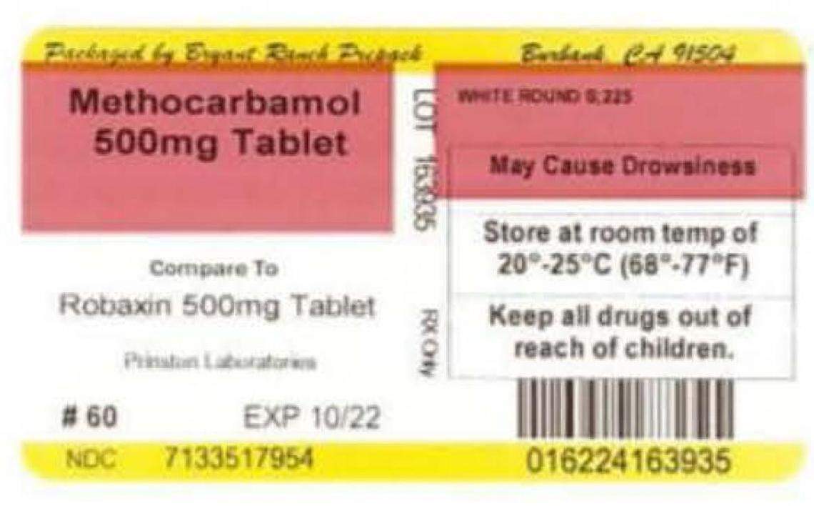 The label of Bryant Ranch Prepack’s recalled 60-count bottles of Methocarbamol