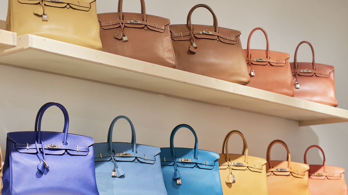 FILE - A wall of Hermès’ signature Birkin bags.
