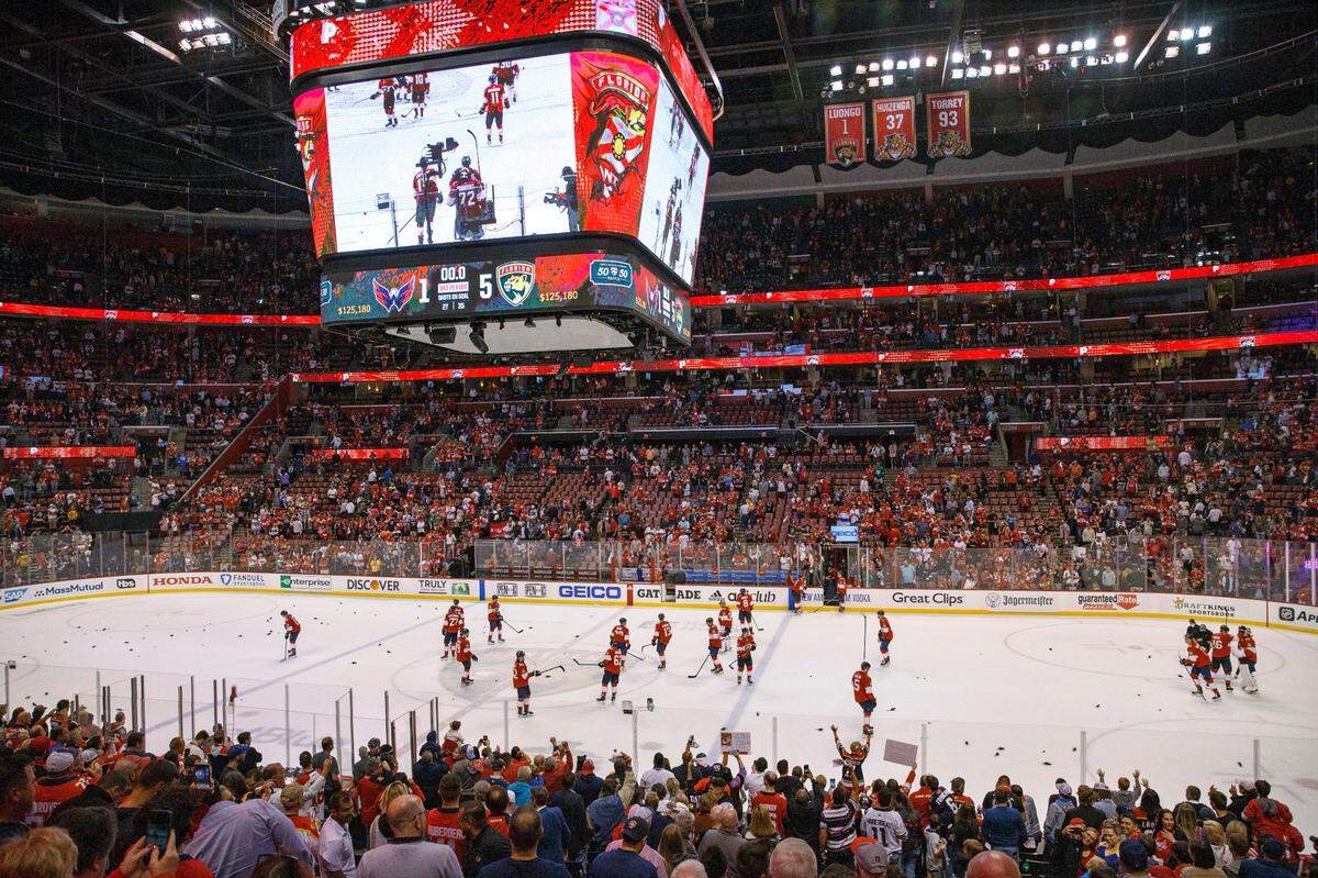 Florida Panthers players celebrate their 5-1 win over the Washington Capitals during Game 2 of a first round NHL Stanley Cup series at FLA Live Arena on Thursday, May 5, 2022 in Sunrise, Fl.