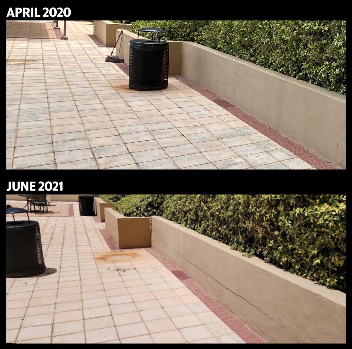 An engineer hired by Champlain South’s condo association took photos of the same pool deck planter 14 months apart. The large crack that appears in the June 2021 photo was not present in the April 2020 photo.