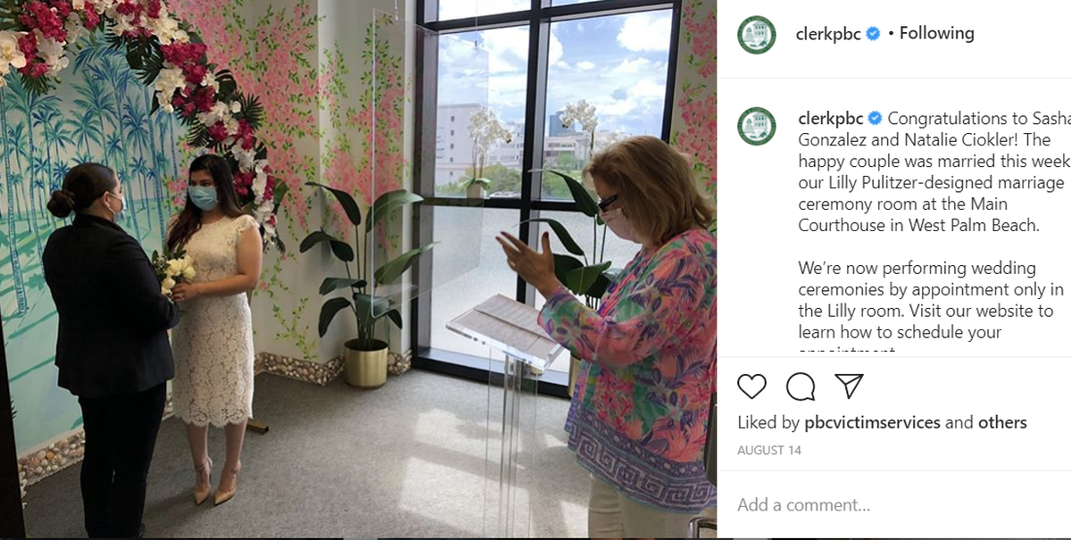 A Lilly Pulitzer-designed marriage ceremony room at the Main Courthouse in downtown West Palm Beach.