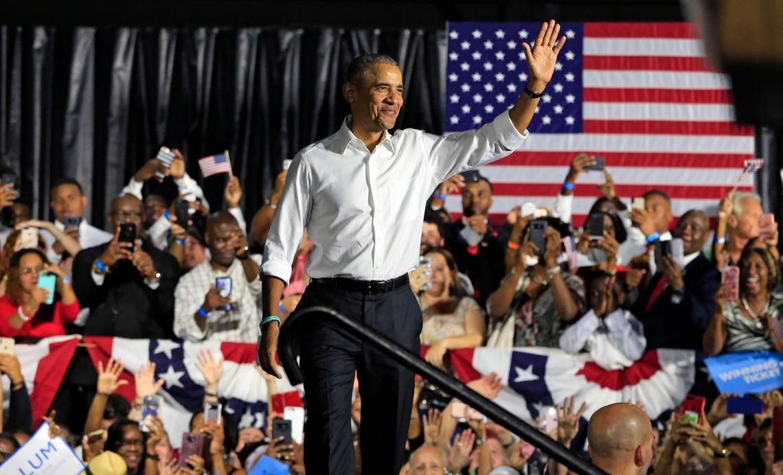 Former President Barack Obama campaigns alongside Florida’s leading Democratic candidates in Miami at Ice Palace Studios on Friday, Nov. 2, 2018.