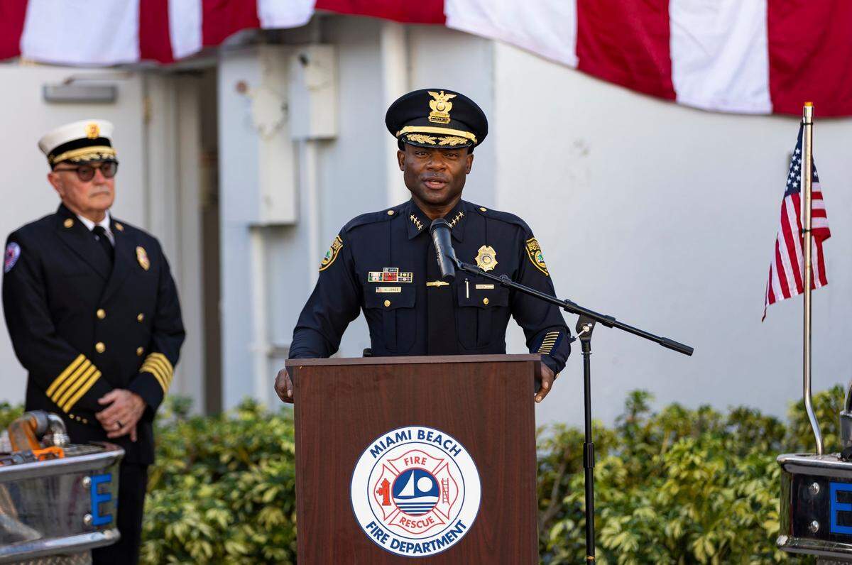 Miami Beach Police Chief Wayne Jones speaks during a remembrance ceremony in Miami Beach on Sept. 11, 2023.