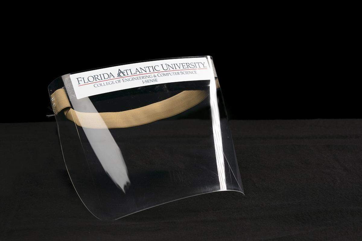 One of the 8,000 face shields Florida Atlantic University plans to assemble for Baptist Health South Florida, due to the lack of personal protective equipment during the COVID-19 pandemic.