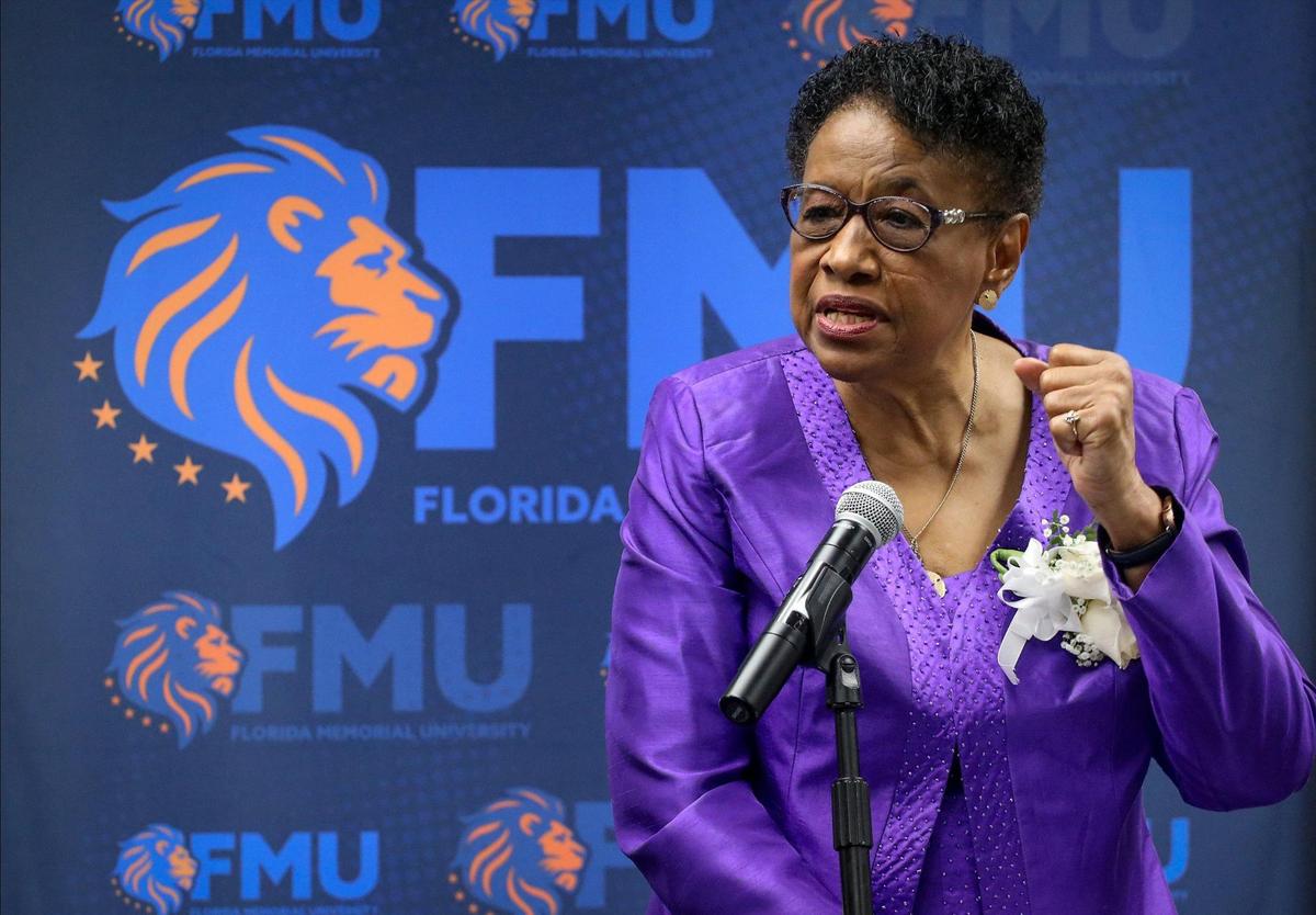 Barbara Jordan delivers her remarks regarding her leadership, service, and legacy during the unveiling ceremony of FMU’s “Barbara J. Jordan Commissioner of Excellence Collection” on Wednesday, September 15, 2021. Former Miami-Dade Commissioner Barbara Jordan was honored by Florida Memorial University with the unveiling of the “Barbara J. Jordan Commissioner of Excellence Collection” inside the Nathan W. Collier Library at Florida Memorial University in Miami Gardens, Florida.