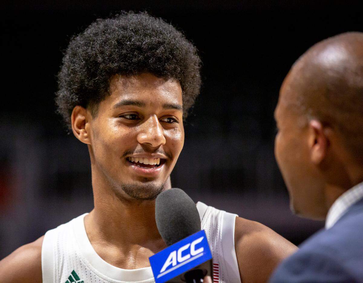 Miami Hurricanes guard Harlond Beverly (5) speaks to the ACC networkafter a basketball game against Florida Atlantic University at the Watsco Center in Coral Gables, Florida on Friday, November 8, 2019.