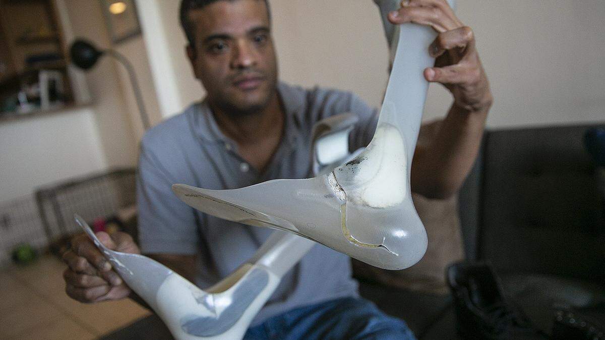 Rolando Ramirez shows his broken “legbraces” that need to be replaced, as part Wishbook. With out them, he can’t walk.