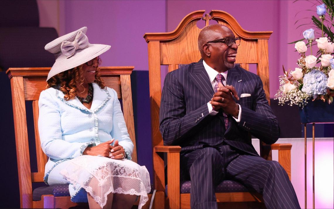 Dr. Walter Thomas Richardson, right, and wife, M. Dolores Richardson both smile at Al Dotson, Jr.’s remarks during the renaming ceremony inside Sweet Home Missionary Baptist Church. On Sunday, June 4, 2023 Miami-Dade Commissioner Kionne L. McGhee hosted a street naming ceremony to honor community leader Dr. Walter Thomas Richardson at Sweet Home Missionary Baptist Church, 10701 SW 184th St., Miami, FL 33157.