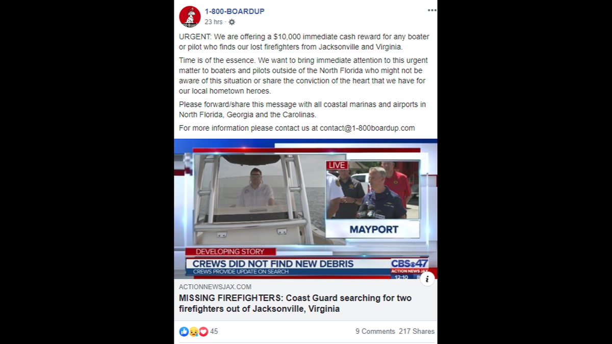 1-800-BOARDUP in Jacksonville Beach, was offering a $10,000 reward for anyone who would find the two firefighters.