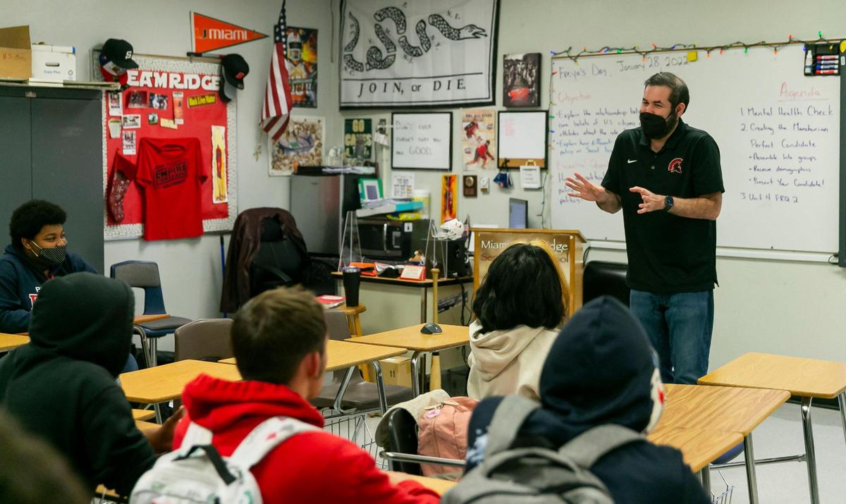 Andres Cerrato teaches his U.S. history class at Miami Southridge Senior High School on Jan. 28, 2022. Cerrato is one of four nominees for Miami-Dade County Public Schools’ Teacher of the Year award.