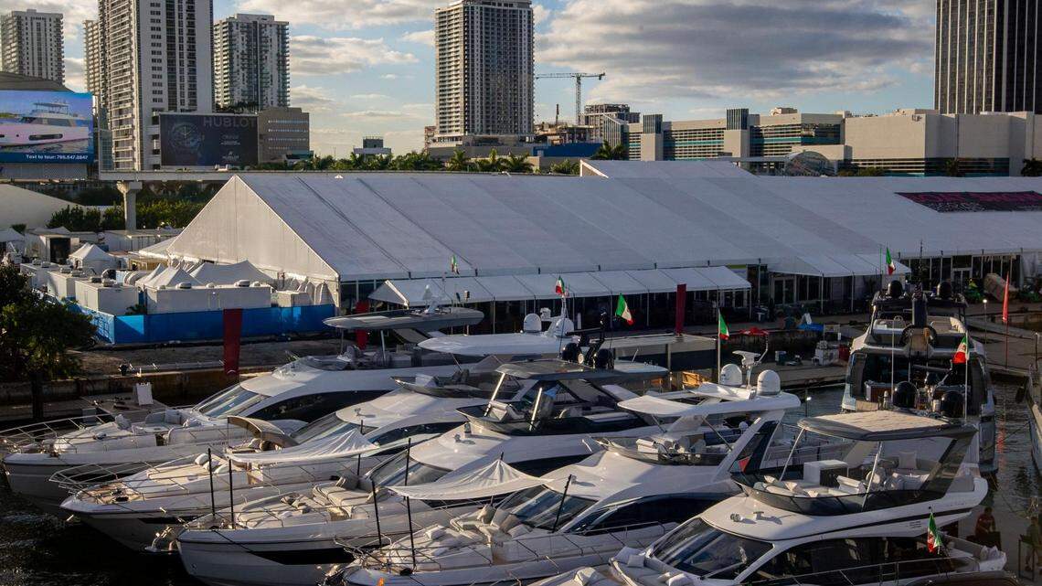 The former Miami Herald site as seen from the MacArthur Causeway of the temporary marina and boat slips installed on Biscayne Bay during the Miami International Boat Show at One Herald Plaza in Downtown Miami, Florida, on Tuesday, February 14, 2023. There’s a deal to purchase the site for $1.2 billion by Miami developer David Martin.