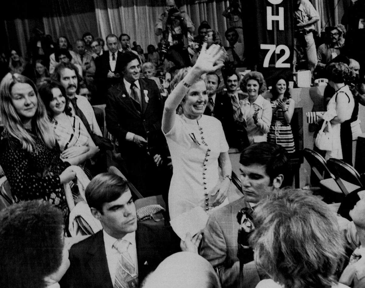 Eleanor McGovern waves to the crowd around her as her husband, Sen. George S. McGovern, wins the Democratic presidential nomination at Miami Beach’s Convention Hall in 1972.