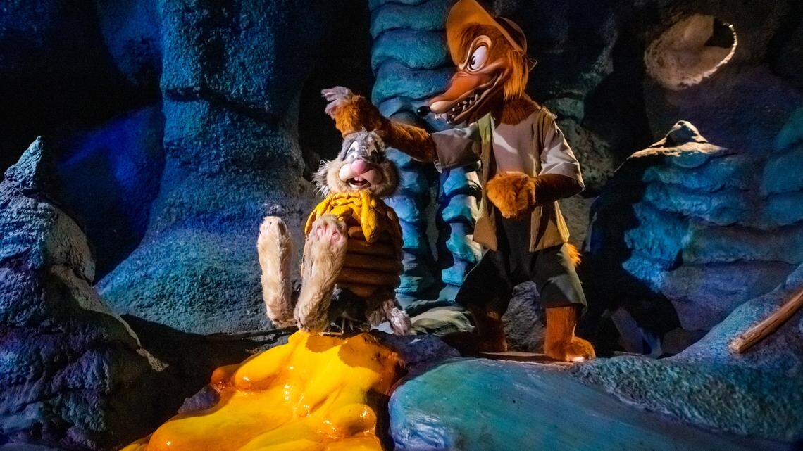 The Brer Rabbit and Brer Fox characters are seen in the Splash Mountain attraction at Walt Disney World Resort’s Magic Kingdom on Sunday, August 9, 2020, in Lake Buena Vista, Fla. (Photo by Charles Sykes/Invision/AP)