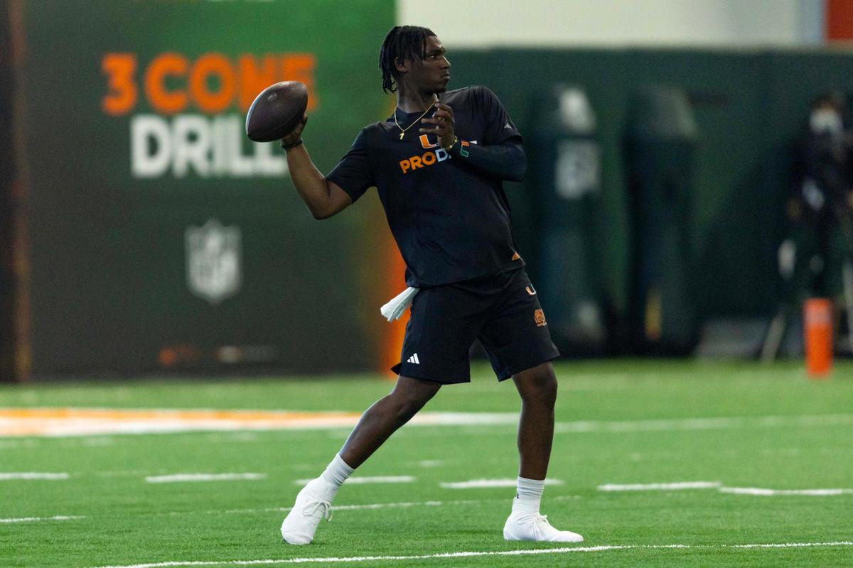 Former Hurricanes QB Cam Ward throws the ball during University of Miami’s Pro Day at Carol Soffer Indoor Practice Facility on Monday, March 24, 2025, in Miami, Florida.