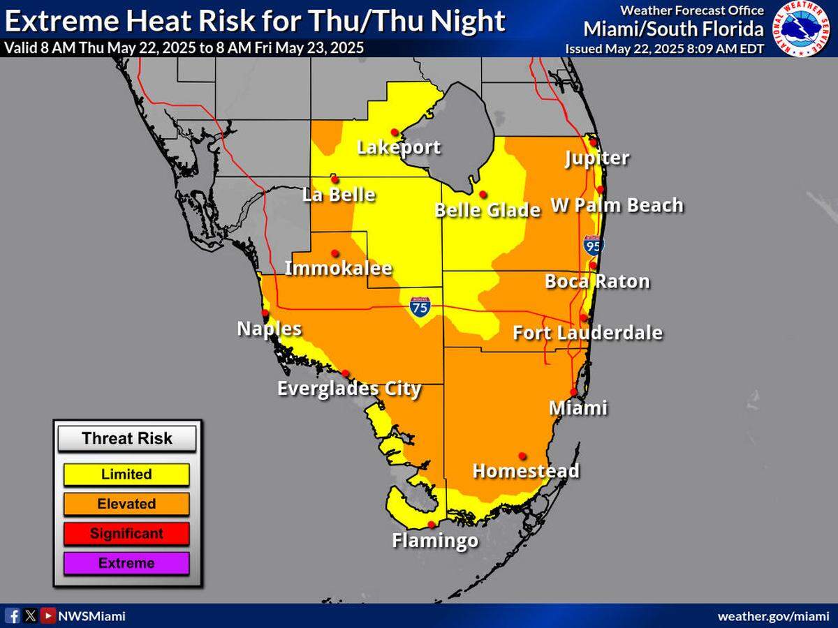 National Weather Service in Miami’s elevated heat risk map for Thursday, May 22, 2025.