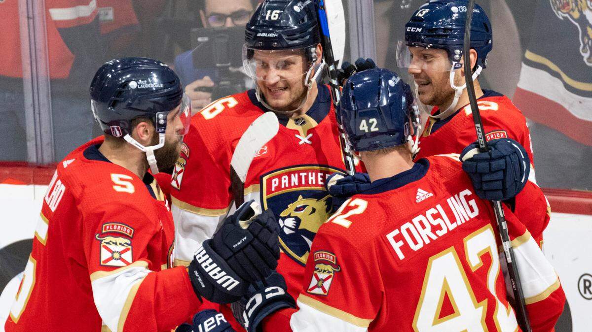 Florida Panthers center Aleksander Barkov (16) celebrates his goal with teammates during the second period of Game 5 of Round 1 of the Stanley Cup Playoffs on Monday, April 29, 2024, at Amerant Bank Arena in Sunrise, Fla. The Panthers were up 2-1 at the end of the second period.