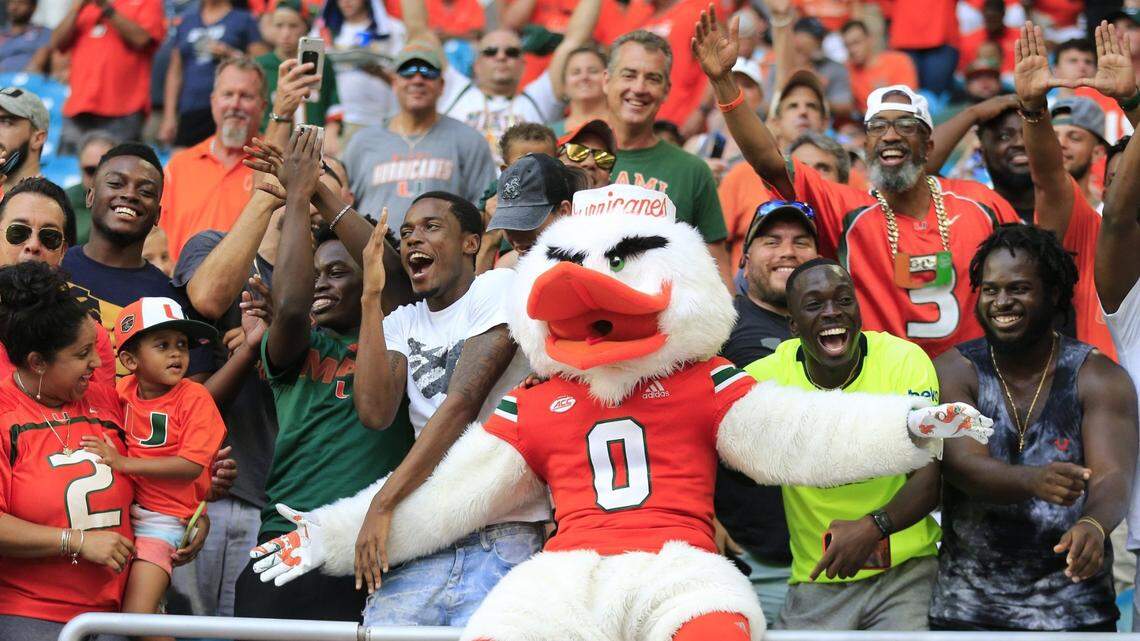 UM fans show their support along side Sebastian the Ibis as the University of Miami hosts Florida International University at Hard Rock Stadium in Miami Gardens on Saturday, September 22, 2018.