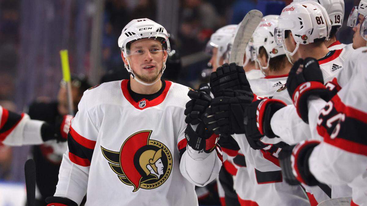 Jan 11, 2024; Buffalo, New York, USA; Ottawa Senators right wing Vladimir Tarasenko (91) celebrates his goal with teammates during the first period against the Buffalo Sabres at KeyBank Center.