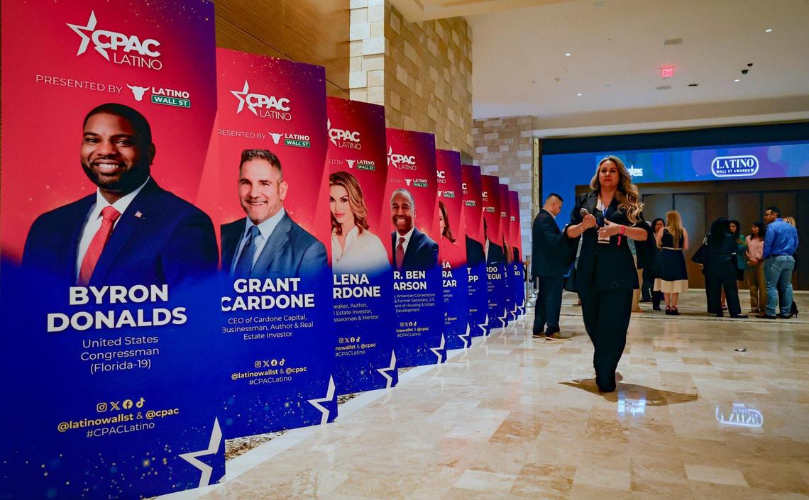 Signage on display at the entrance to CPAC Latino 2025 at Seminole Hard Rock Hotel & Casino Hollywood, Florida, on Saturday, June 28, 2025.