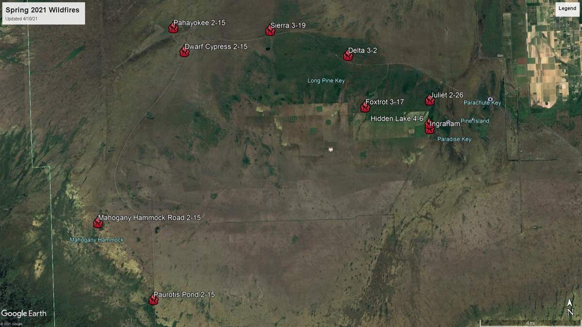 A map shows areas where several wildfires burned in the Everglades National Park between February and April 2021. Federal and state investigators say the fires were intentionally set.