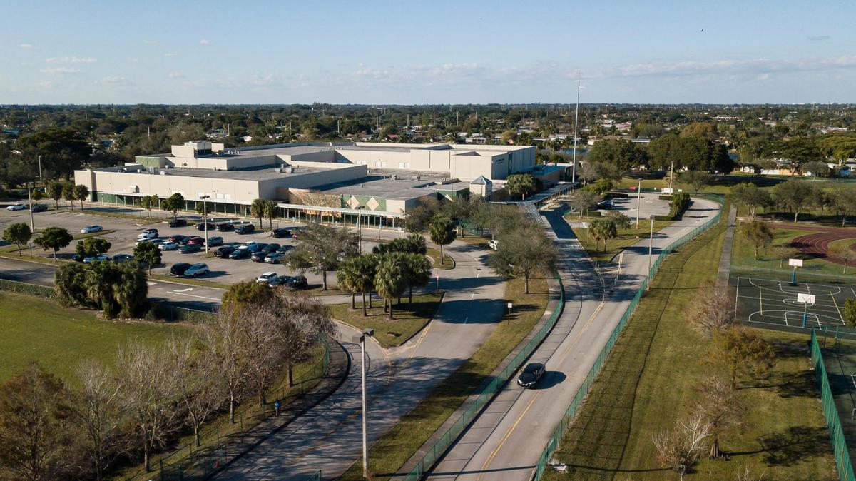 Aerial view of Pines Middle School on Wednesday, Jan. 31, 2024, in Pembroke Pines, Fla. Pines Middle is one of various Broward County Schools with low student enrollment.