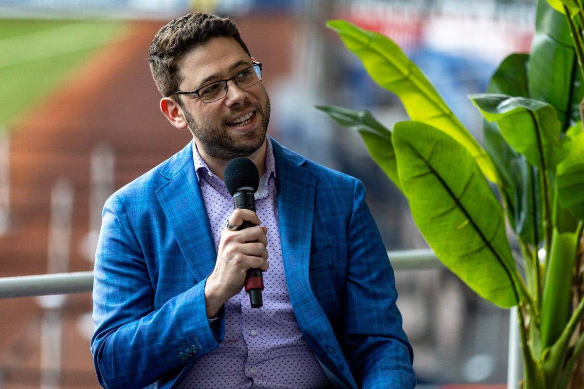 New Marlins General Manager Peter Bendix introduces himself to fans during the Miami Marlins FanFest event at loanDepot park in Miami, Florida on Friday, January 26, 2024.