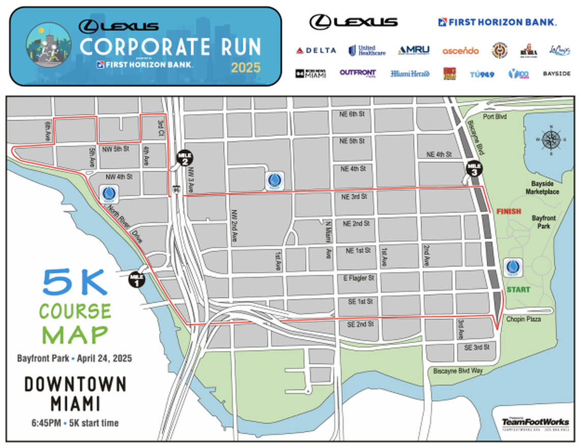 The 2025 Lexus Corporate Run 5K Course Map for April 24, 2025, in downtown Miami.