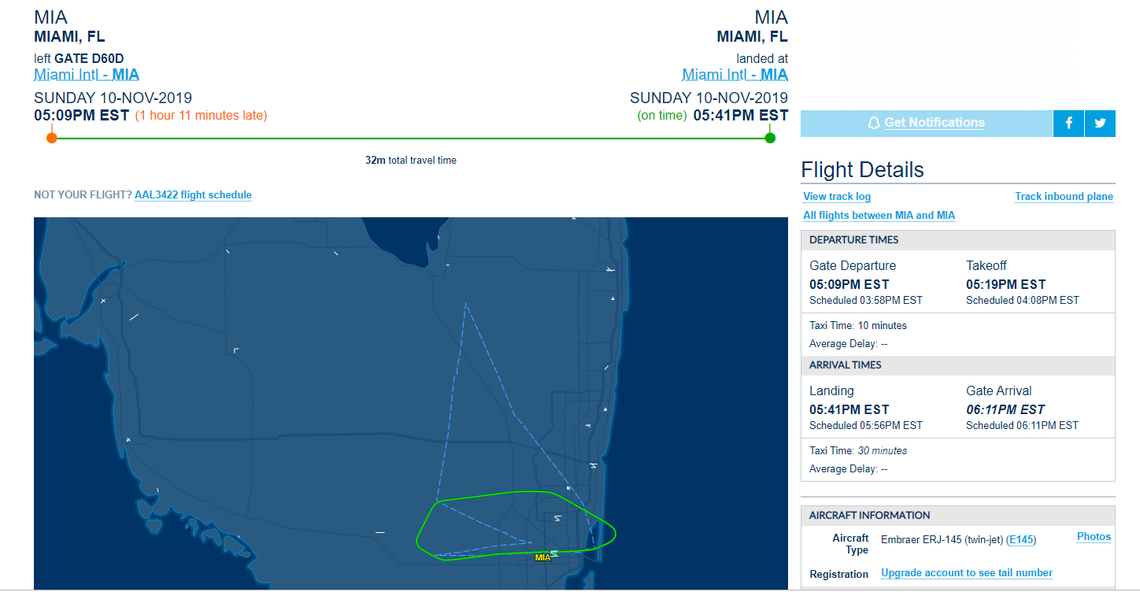 Passengers on board the first plane, an American Eagle 3422, were traveling to McGhee Tyson Airport in Knoxville, Tennessee, when the pilot had to turn back Sunday afternoon, said an American Airlines spokesperson. Above, the plane’s diverted route is shown in green.