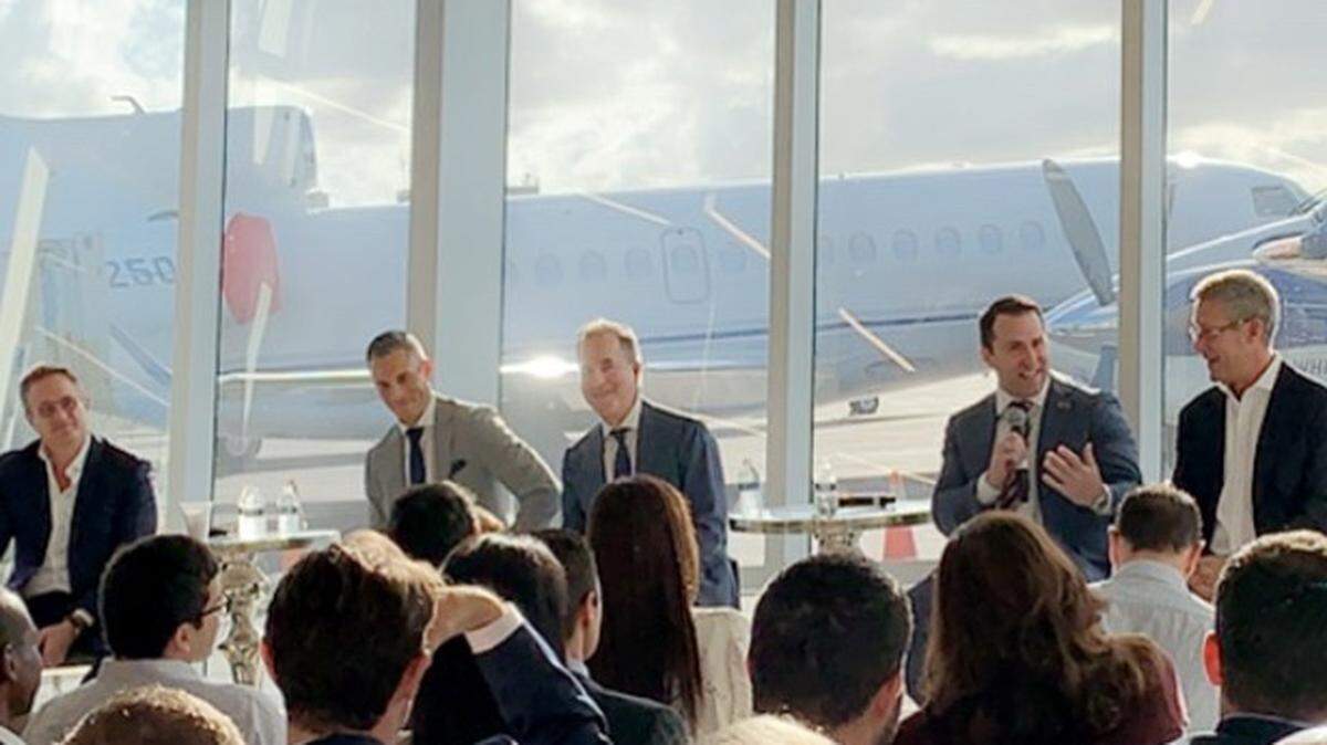 Executives from Miami’s pro sports teams appeared on an Oct. 18 panel sponsored by the Miami Herald and held at Signature Flight Services at Miami International Airport. From left: Miami Dolphins President and CEO Tom Garfinkel; Chip Bowers, president of business operations for the Miami Marlins; Jorge Mas, managing owner of Inter Miami; Matthew Caldwell, president and CEO of the Florida Panthers; and Eric Woolworth, president, business operations of the Miami Heat. Miami Herald Sports Editor Alex Mena and Miami Herald Business Editor Jane Wooldridge also participated.