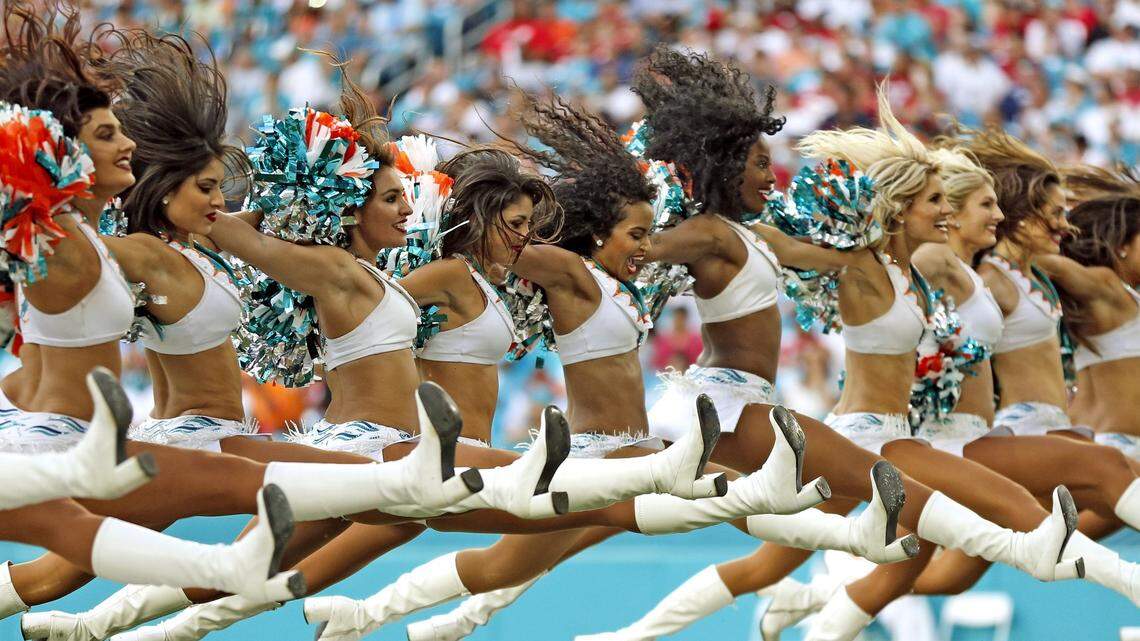 Dolphin Cheerleaders perform as the Miami Dolphins host the 49ers at Hard Rock Stadium in Miami Gardens on Sunday, November 27, 2016 