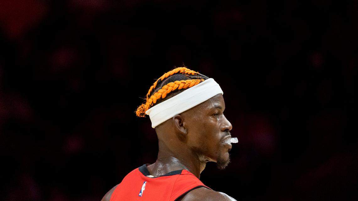 Miami Heat forward Jimmy Butler (22) looks on after a play against the Toronto Raptors in the second half of their NBA game at Kaseya Center on Dec. 12, 2024, in Miami.