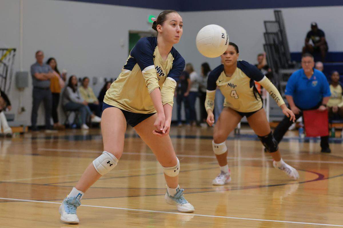 North Broward Prep setter Emma Luehrs (7) hits the ball against Mater Lakes Academy during the first set of a Region 4-4A girls' volleyball regional final at North Broward Preparatory School in Coconut Creek, Florida, Wednesday, October 29, 2025.