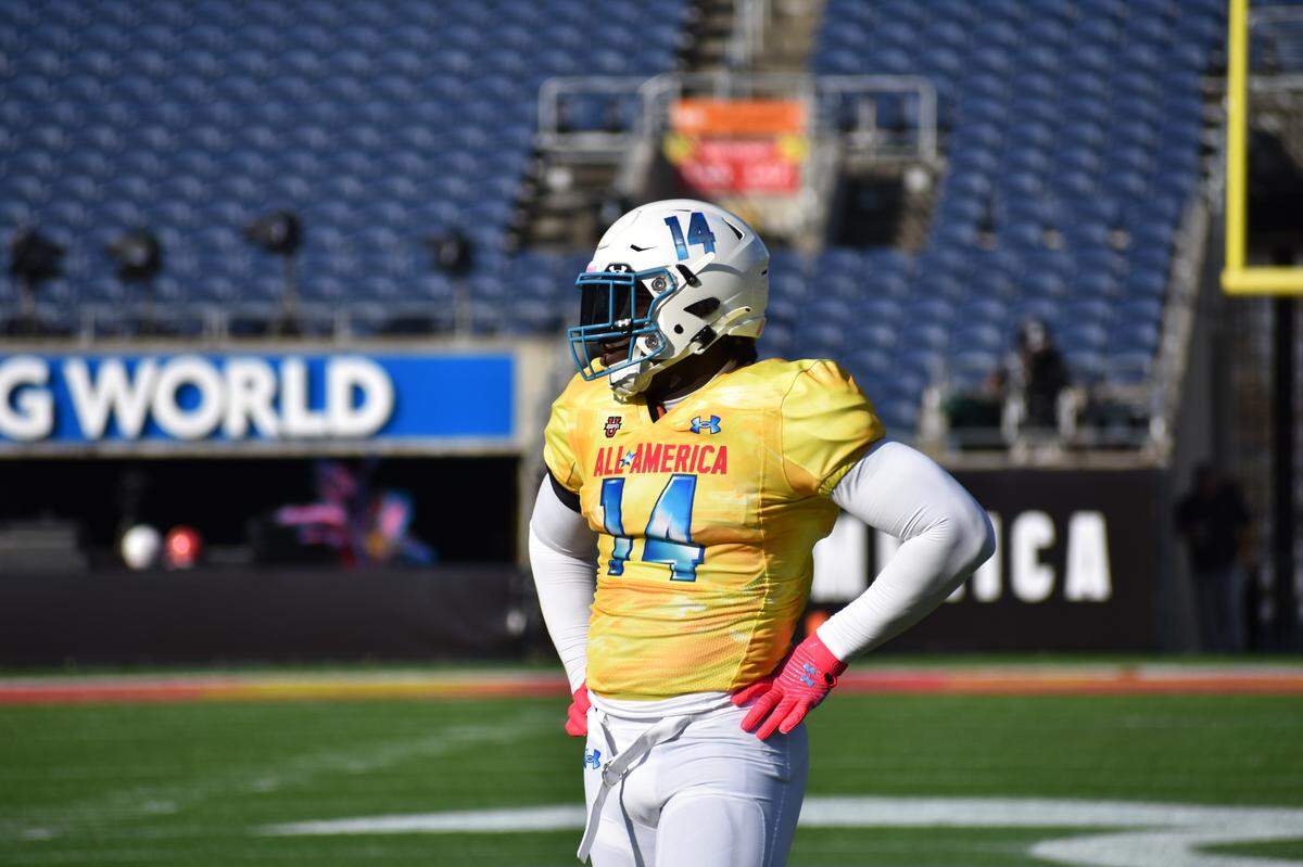 Shemar Stewart, a five-star defensive lineman from Monsignor Pace in Miami Gardens, catches his breath between plays at the Under Armour All-America Game at Camping World Stadium in Orlando on Sunday, Jan. 2, 2022.