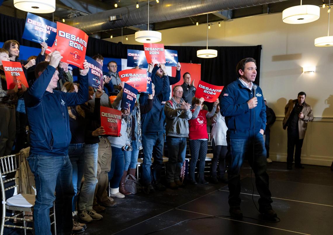Florida Governor Ron DeSantis speaks during a rally at The District Venue on Sunday, Jan. 14, 2023, in Ankeny, Iowa.