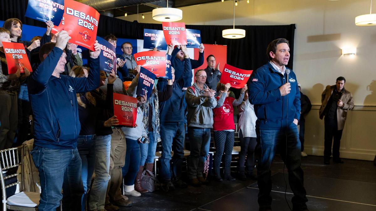 Florida Governor Ron DeSantis speaks during a rally at The District Venue on Sunday, Jan. 14, 2023, in Ankeny, Iowa. DeSantis is hoping for a strong performance in the Iowa caucuses.