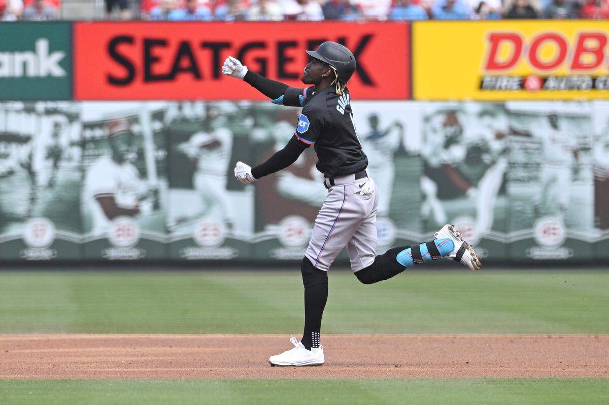 Apr 7, 2024; St. Louis, Missouri, USA; Miami Marlins outfielder Nick Gordon (1) reacts after hitting a three run home run against the St. Louis Cardinals during the first inning at Busch Stadium.