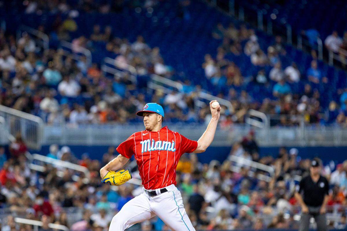 Miami Marlins pitcher Trevor Rogers (28) throws a pitch during the third inning of an MLB game against the Atlanta Braves at loanDepot park in the Little Havana neighborhood of Miami, Florida, on Saturday, July 10, 2021.