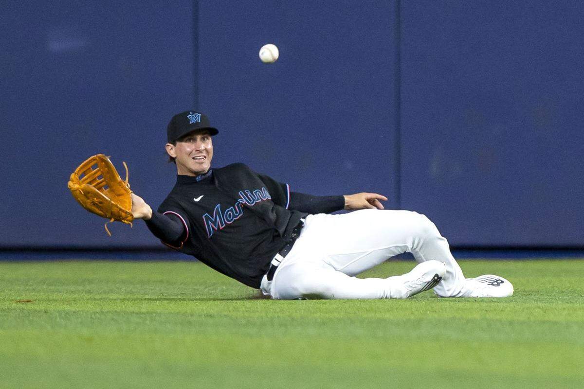 Miami Marlins outfielder JJ Bleday (67) makes the catch for the final out of the first inning of an MLB game against the New York Mets at loanDepot park in the Little Havana neighborhood of Miami, Florida, on Friday, July 29, 2022.