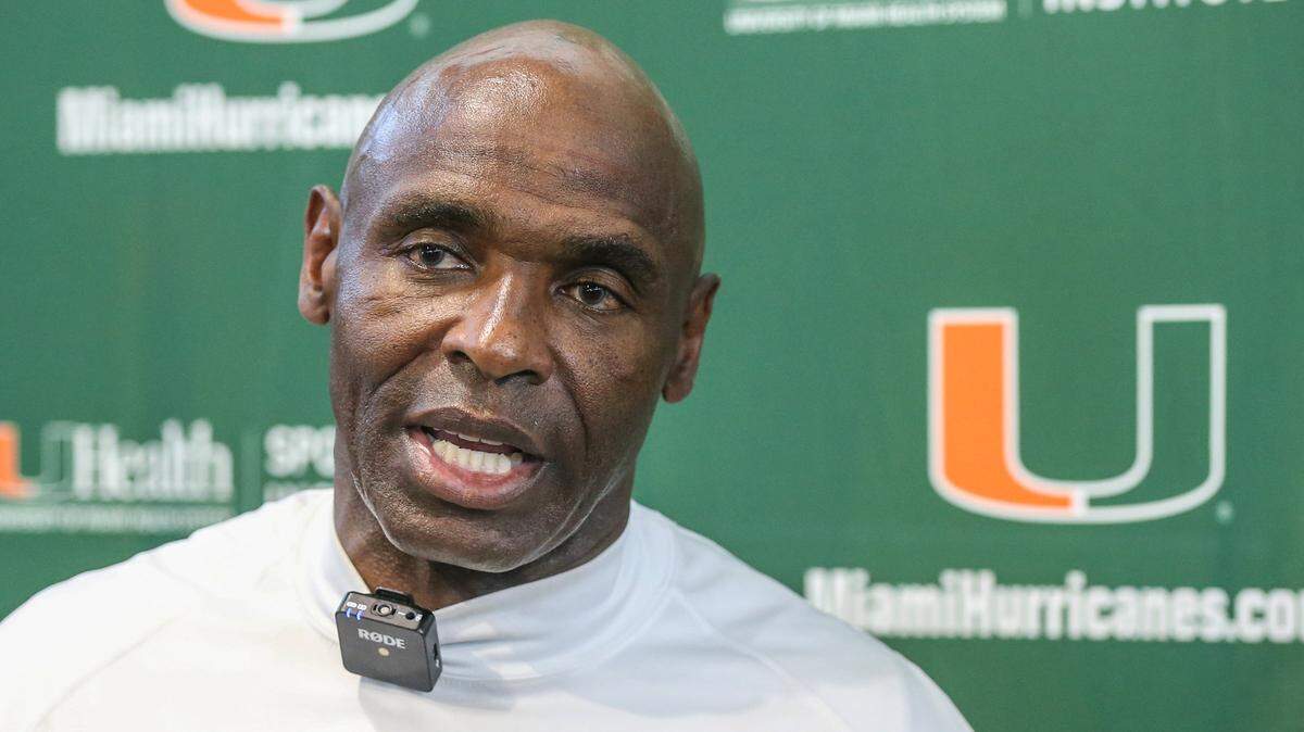 Miami Hurricanes co-defensive coordinator and linebackers coach Charlie Strong speaks to reporters after practice at the University of Miami in Coral Gables on Thursday, March 24, 2022.