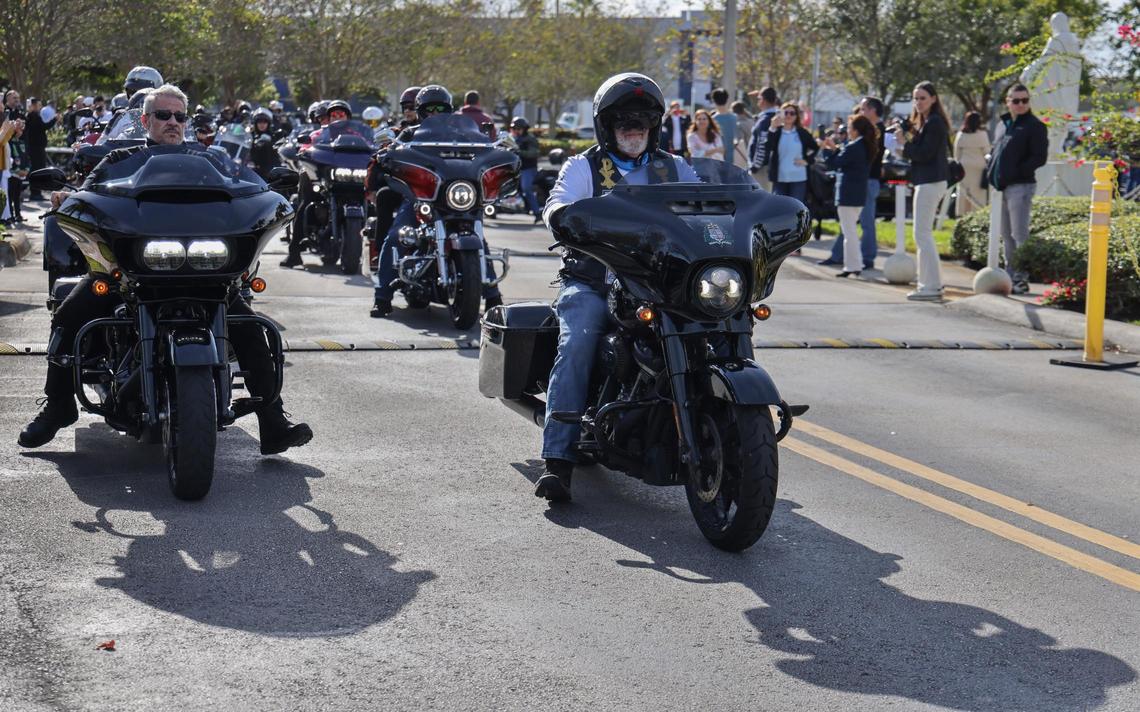 Jose “Pepe” Diaz, left, and Archbishop Thomas Gerard Wenski, right, lead the group of approximately 350 riders taking part in the 13th Annual Archbishop Motorcycle Ride, a fundraiser aimed at raising funds for the St. Luke’s Center, an organization focused on eradicating addiction on Sunday, January 26, 2025, in Doral, Florida.